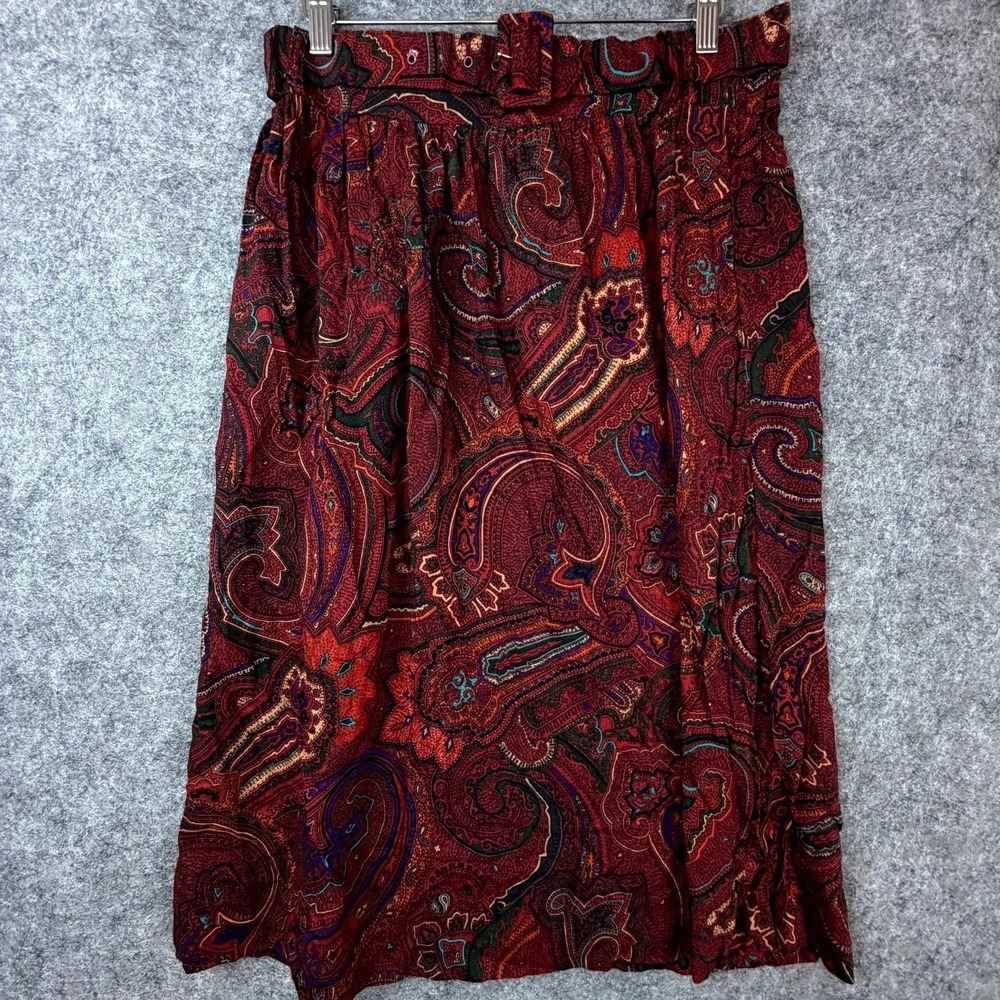 Vintage 90s Kenneth Mitchell Skirt Women 14P Maroon Paisley Belted Secretary 90s